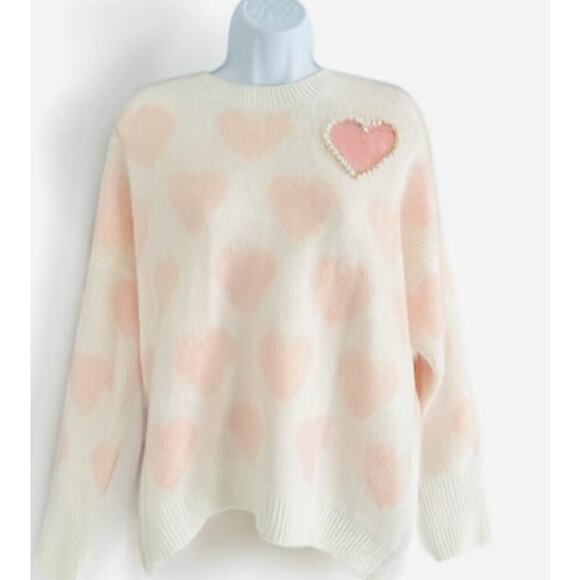 Vince Camuto Pink Heart Pearl Crewneck Sweater Size L - Picture 2 of 7